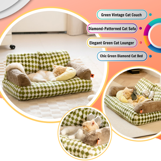 Green Vintage Diamond Cat Couch - Cat Bed