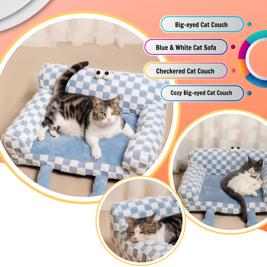 Big-eyed Blue and White Checkered Cat Couch